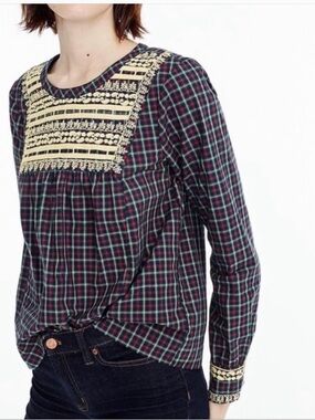 J Crew Embroidered Gold Tartan Plaid Blouse Peasant Top Women’s size Small
